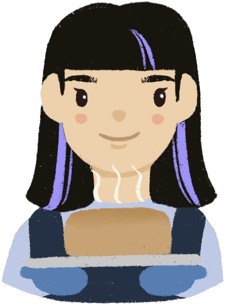 girl holding a tray with a loaf of freshly baked bread