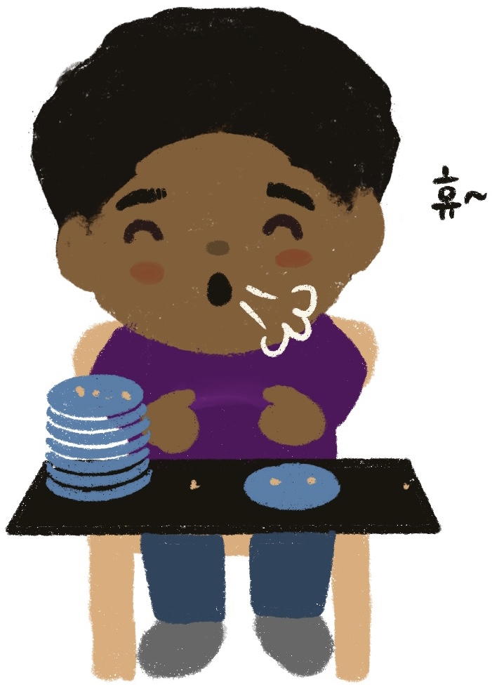 boy with a stack of plates and letting out a satisfied sigh