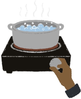 hand turning on burner with pot of water on it