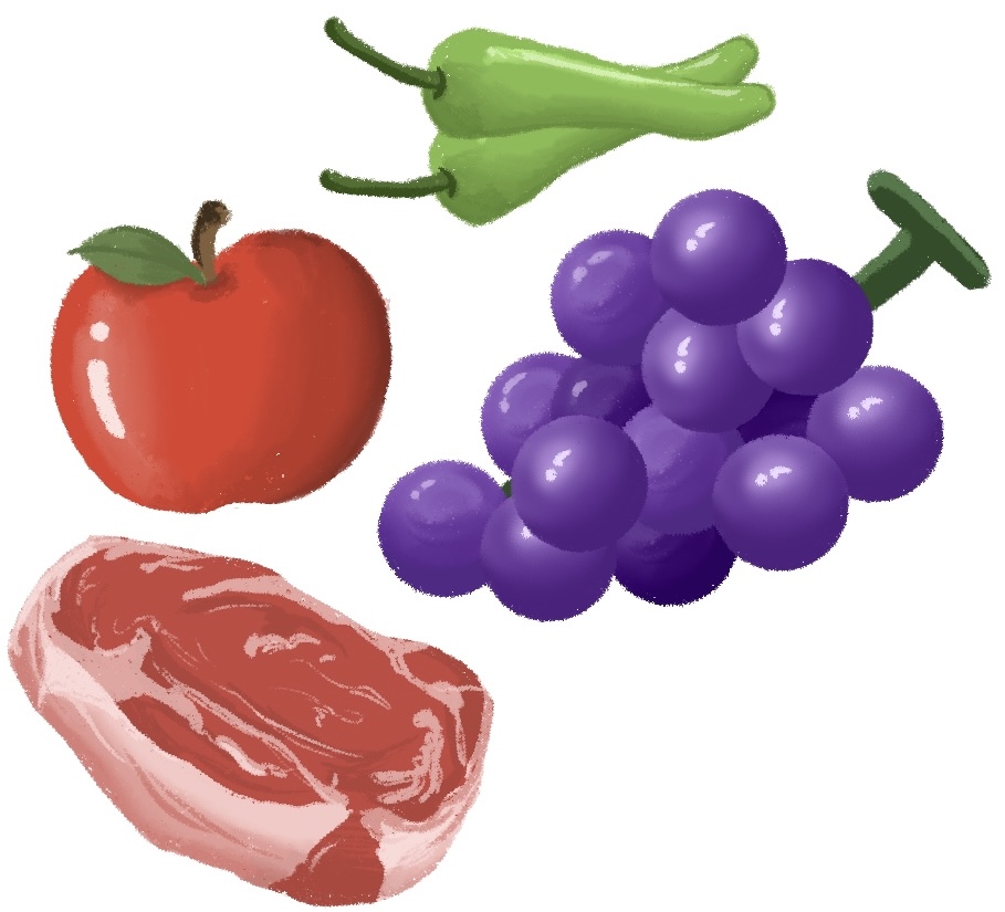 meat apple grapes and peppers