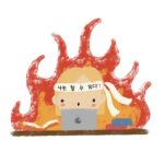 girl working hard at desk with flame behind her