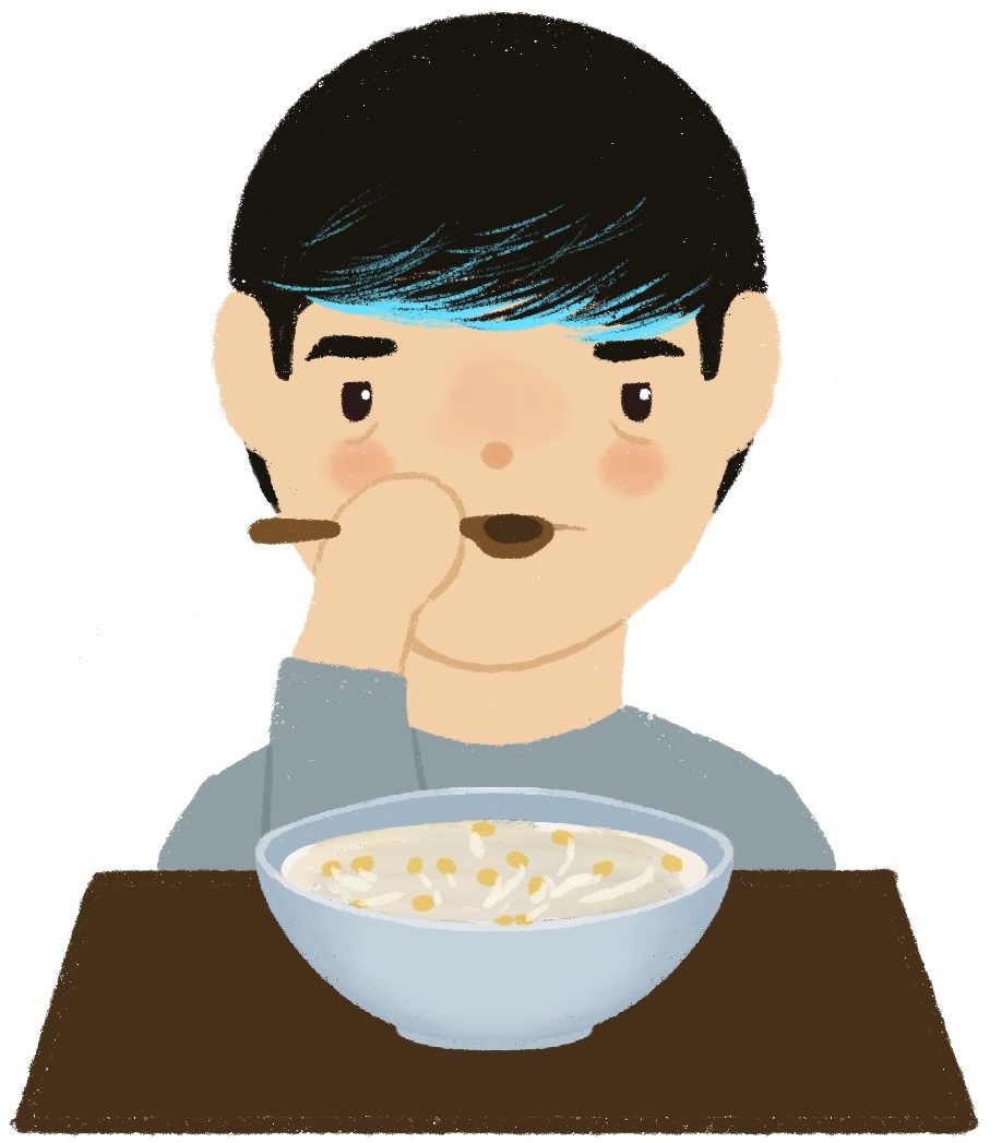 sick boy eating bean sprout soup