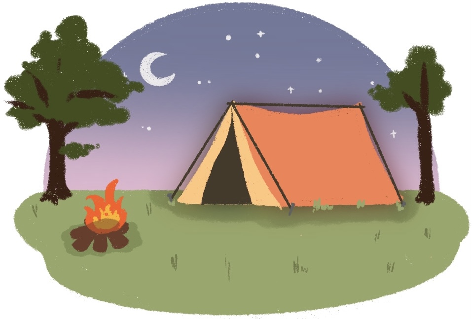 campground with tent and fire